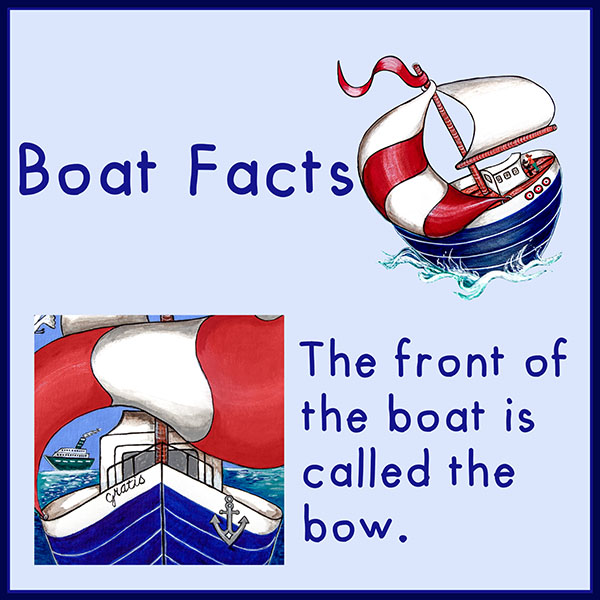 Boat Facts
Why are sails different shapes? You will find the answer to this question and more on the Boat Facts page.
front of boat 
Bow