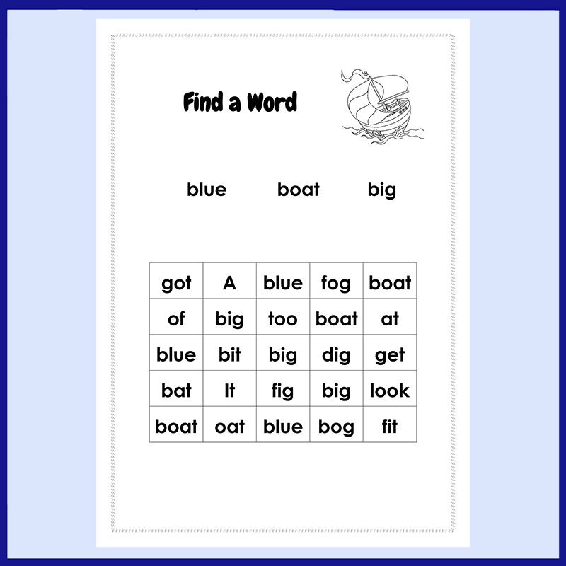 a big blue boat find a word for f-1 beginning readers